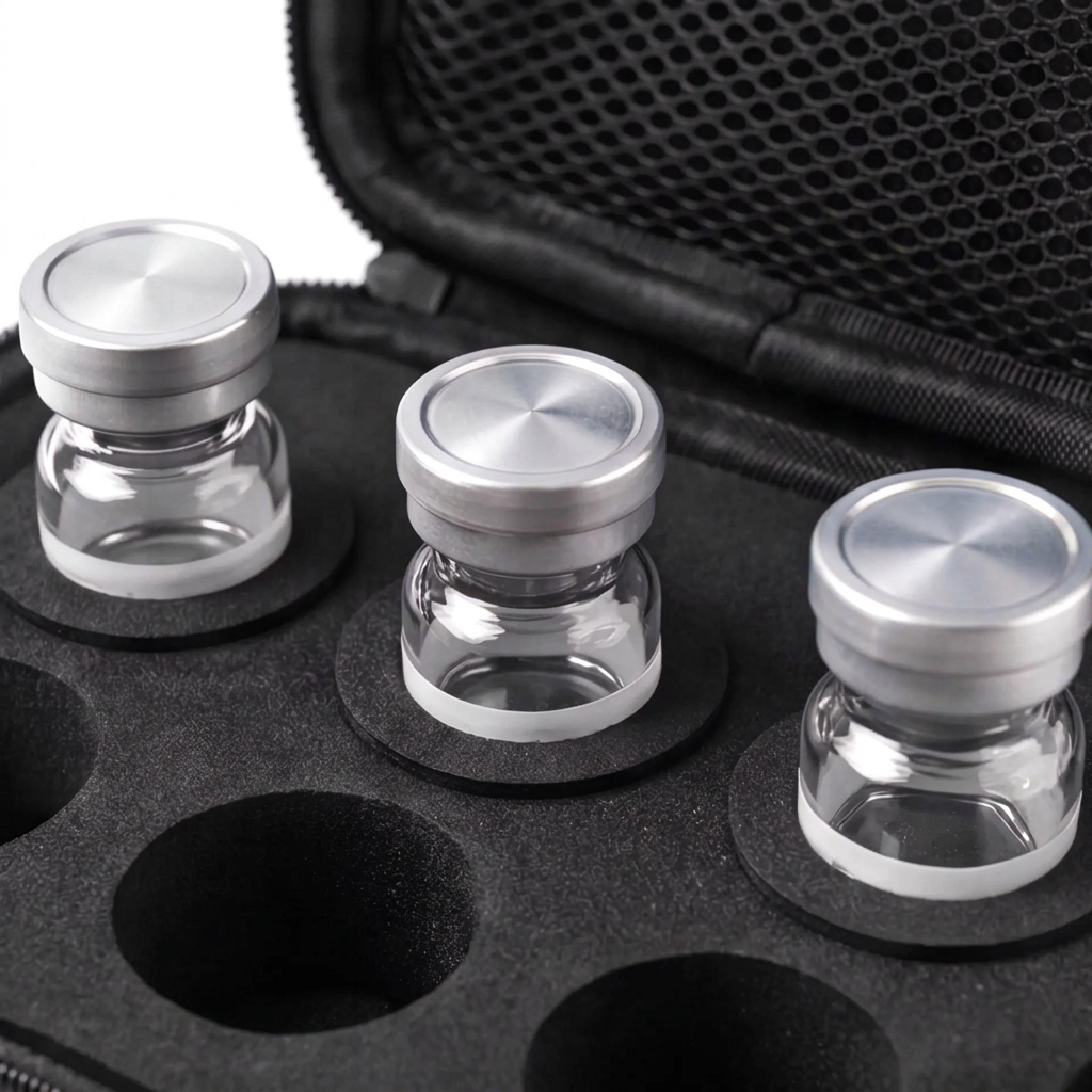 Three capped glass vials seated in the foam insert