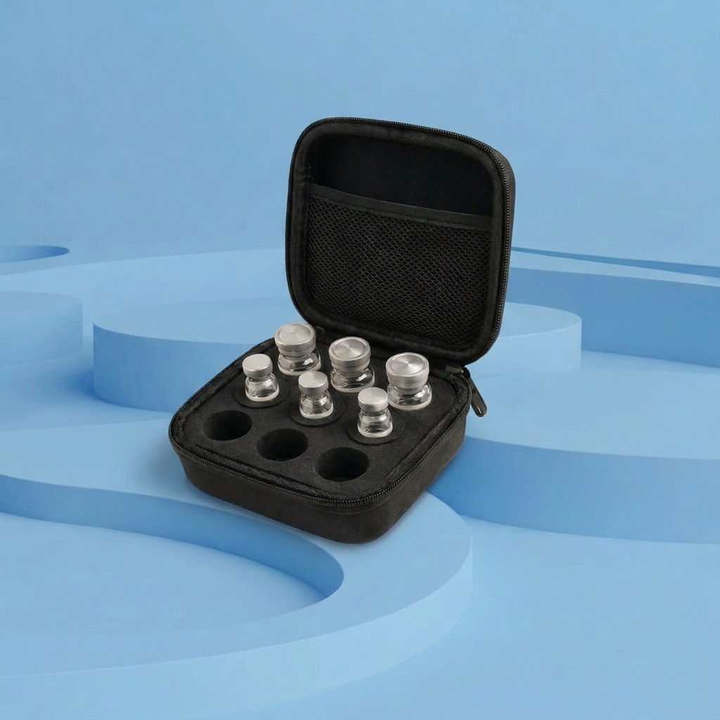 One open black vial case holding glass vials