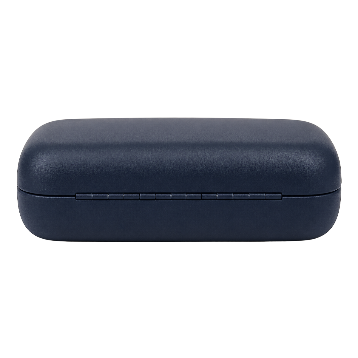 Closed navy hard travel case, side profile showing the hinge