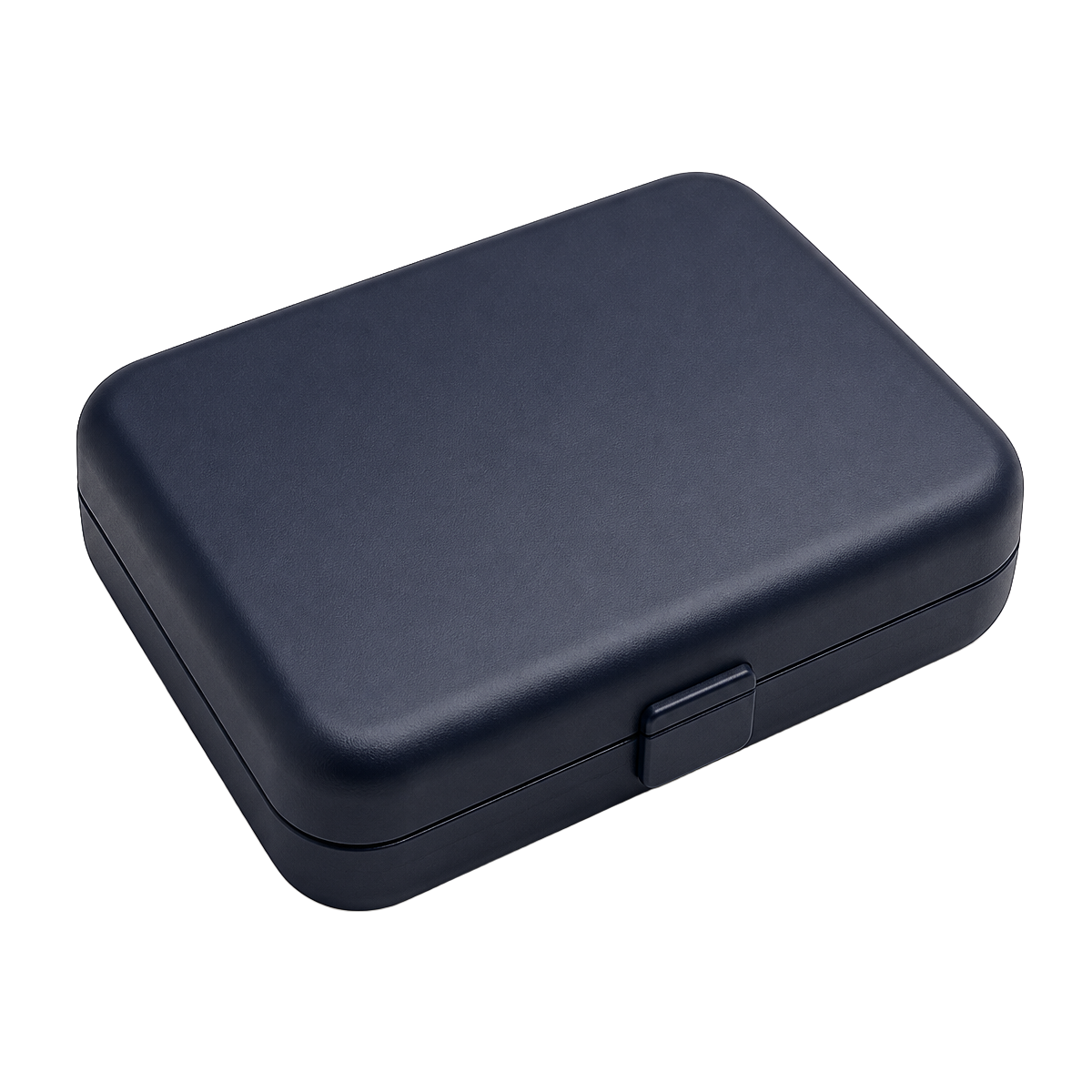 Closed navy hard travel case seen from above